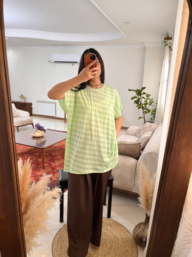 تیشرت راه راه کیمینو سبز لانگ و صورتی کراپ